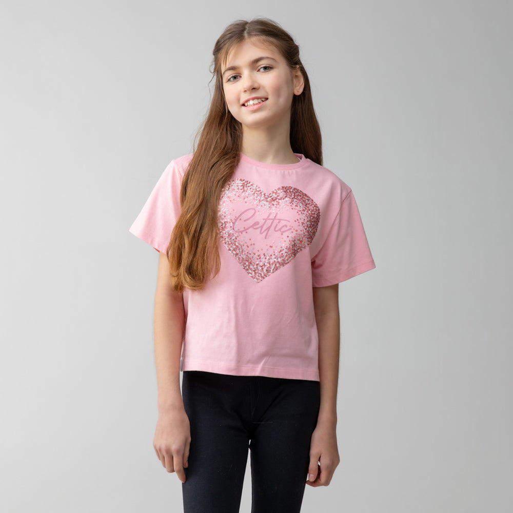 Celtic Junior Pink Heart Sequin T-Shirt