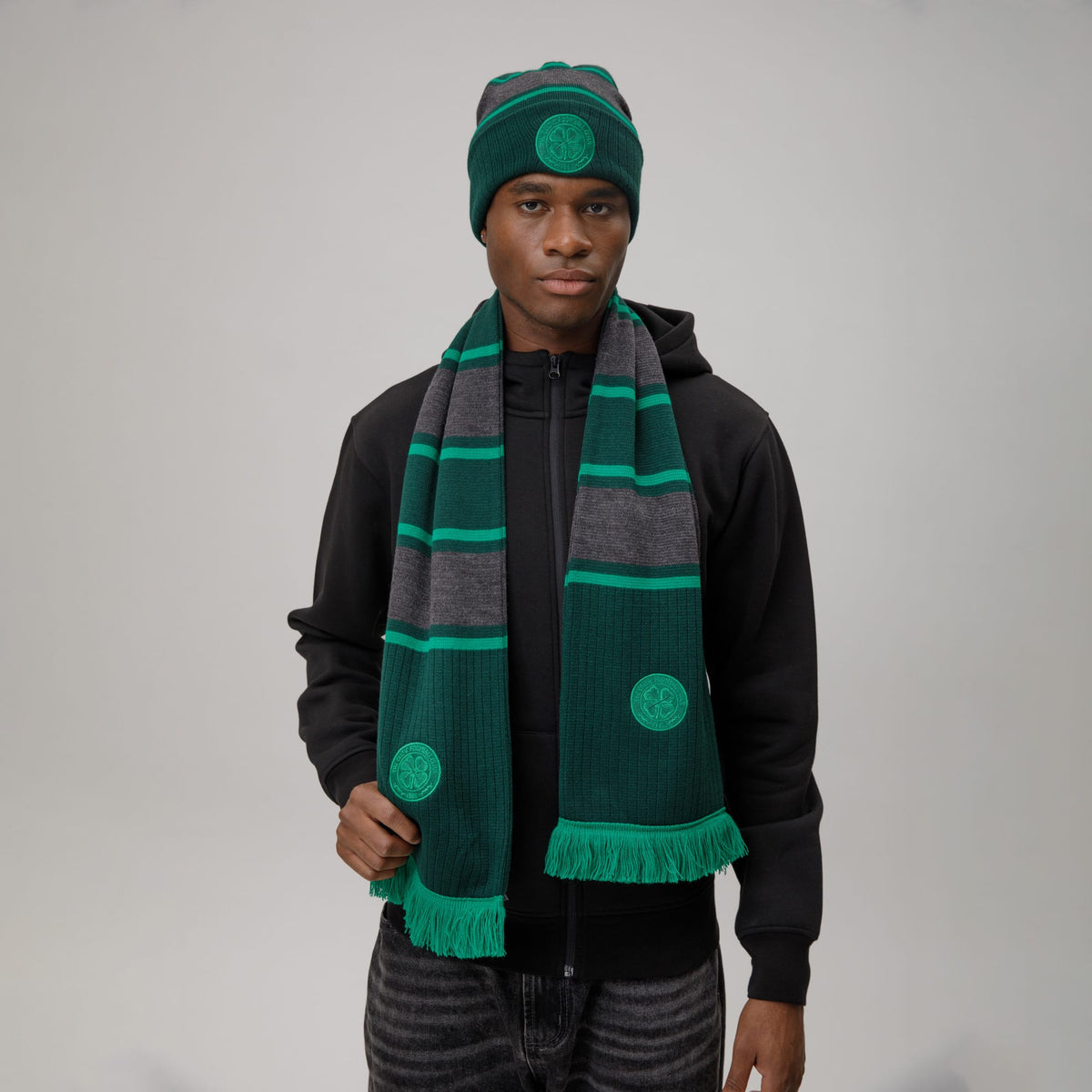 Celtic Adult Green Stripe Hat and Scarf Set