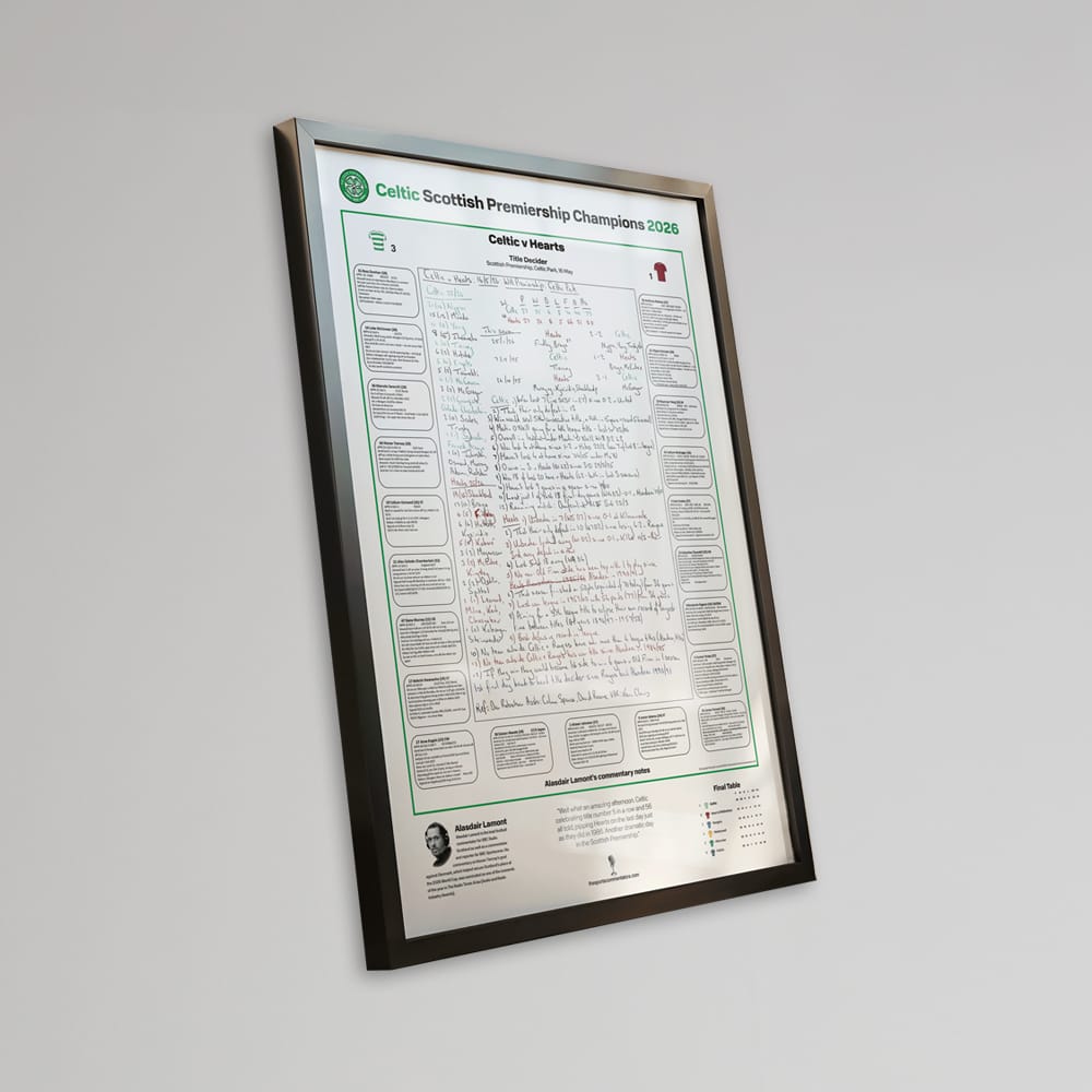 Celtic v Hearts Scottish Premiership Commentary Sheet A2 Framed Print