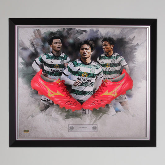 Celtic 23/24 Reo Hatate Match Worn Framed Signed Boots