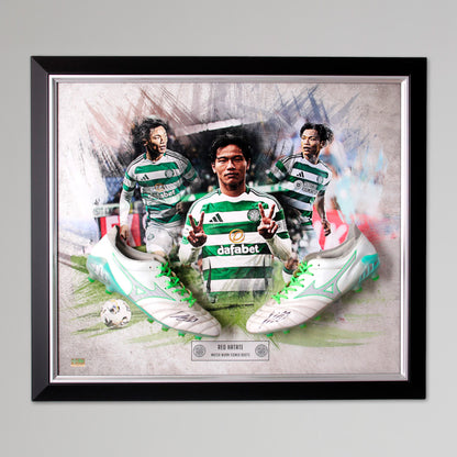 Celtic 2024/25 Reo Hatate Match Worn Framed Signed Boots